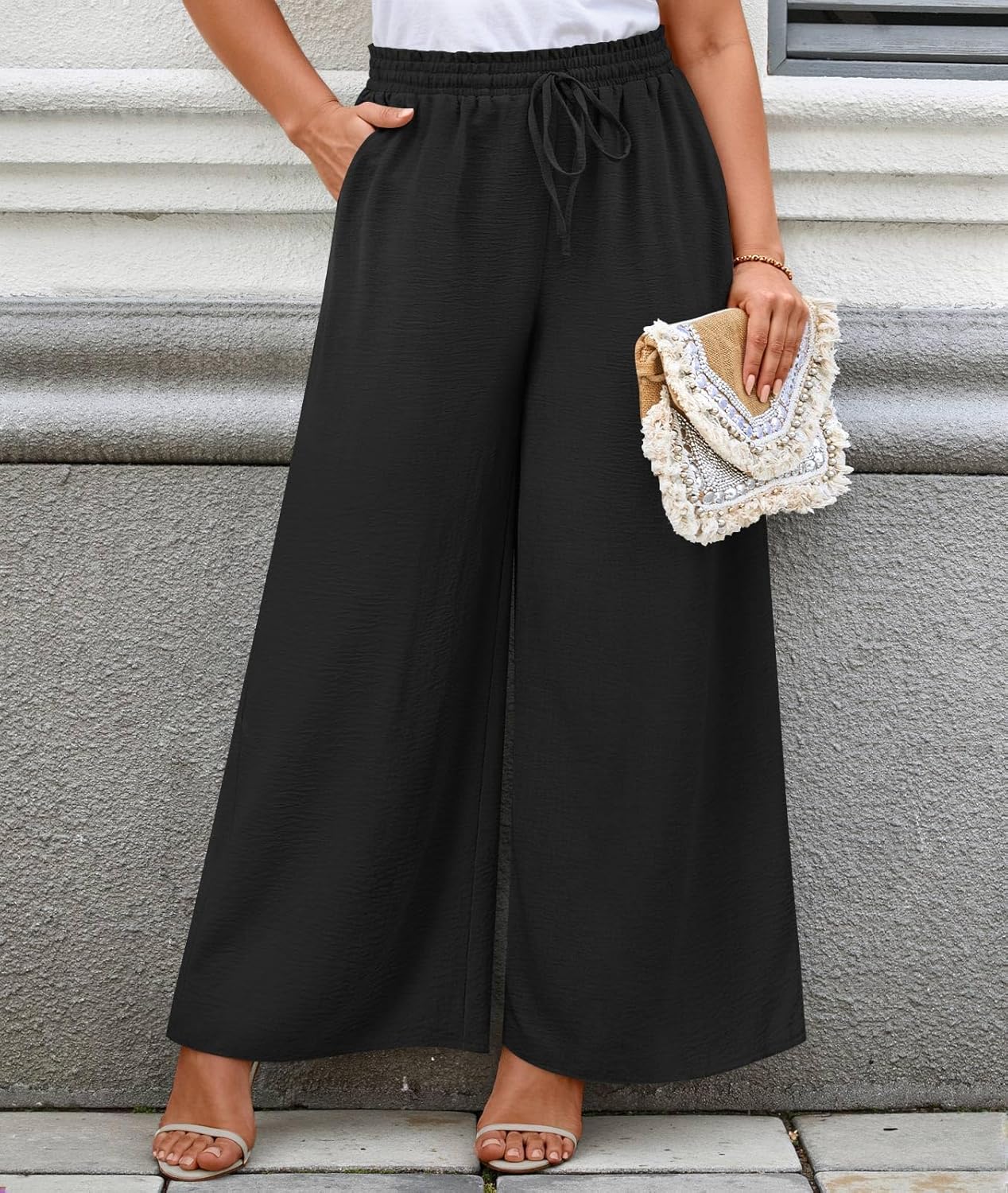 LONGYUAN Womens Plus Size Wide Leg Casual Palazzo Pants with Pockets 1X-5X - Image 3