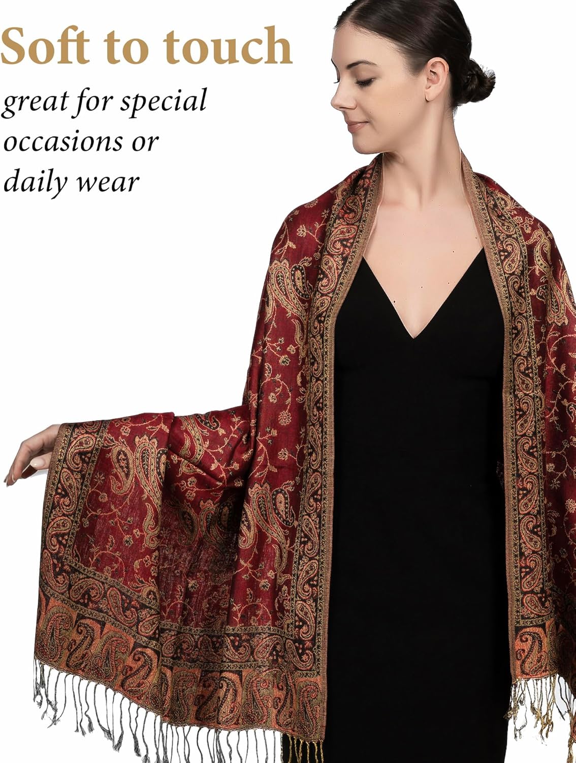 Achillea Reversible Paisley Pashmina Rave Scarf – Exotic Indian Shawls and Wraps for Evening Dresses, Festivals, All Seasons - Image 2