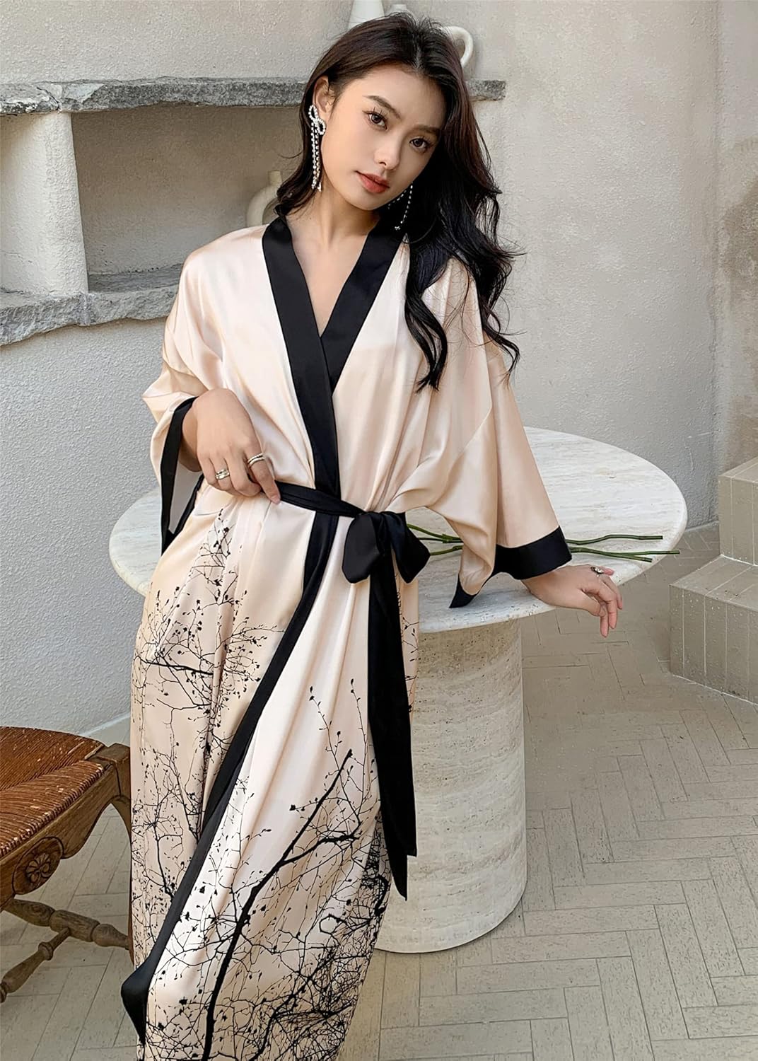 Kihnop Women's Floral Long Kimono Robe Long Satin Robe Long Silk Robe Ladies Kimonos Silky Bathrobe Cover Up, One Size - Image 6