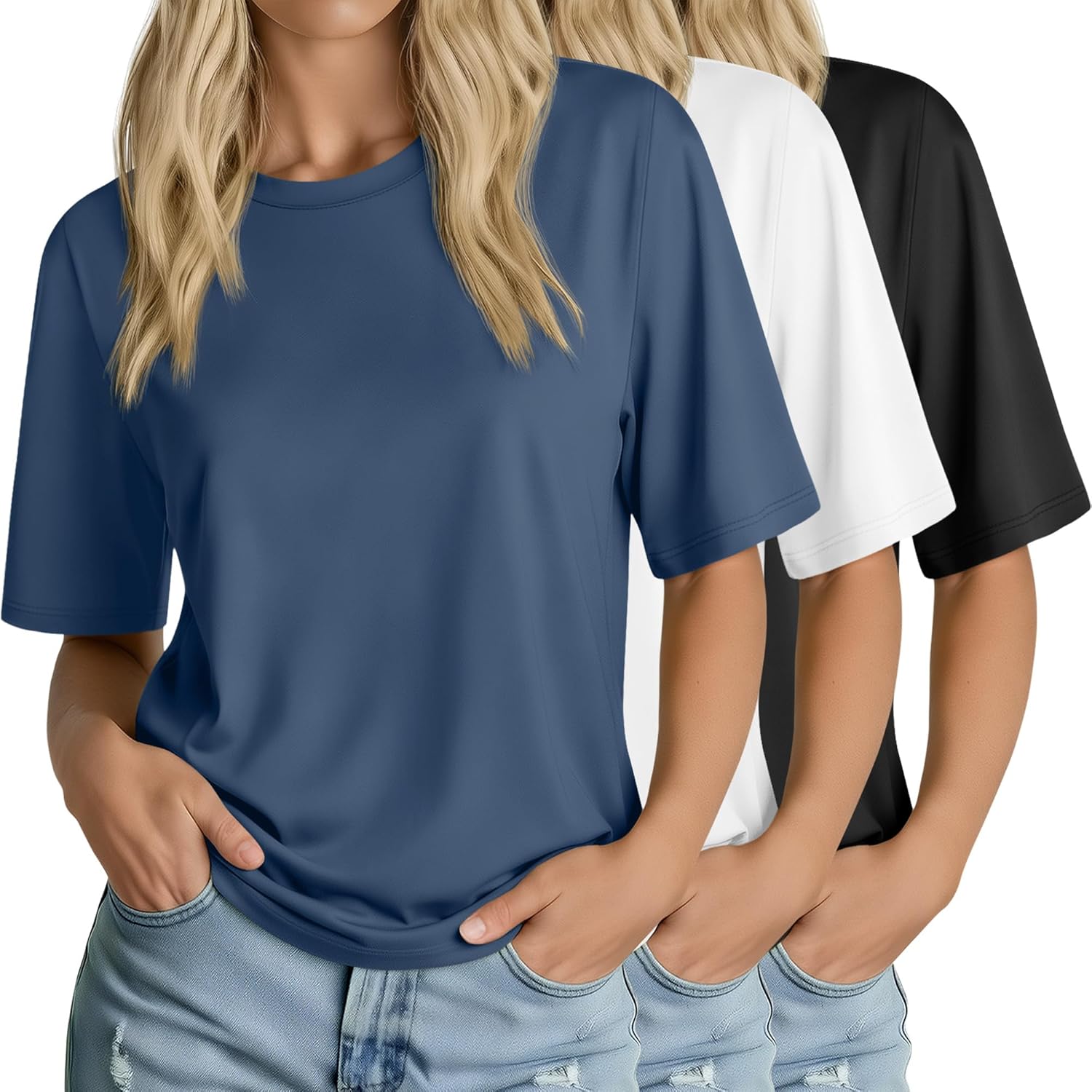 Huukeay 3 Pack Women's Half Sleeve T-Shirts, Crew Neck Elbow Length Tops Loose Casual Basic Tees Summer Tunic Tops