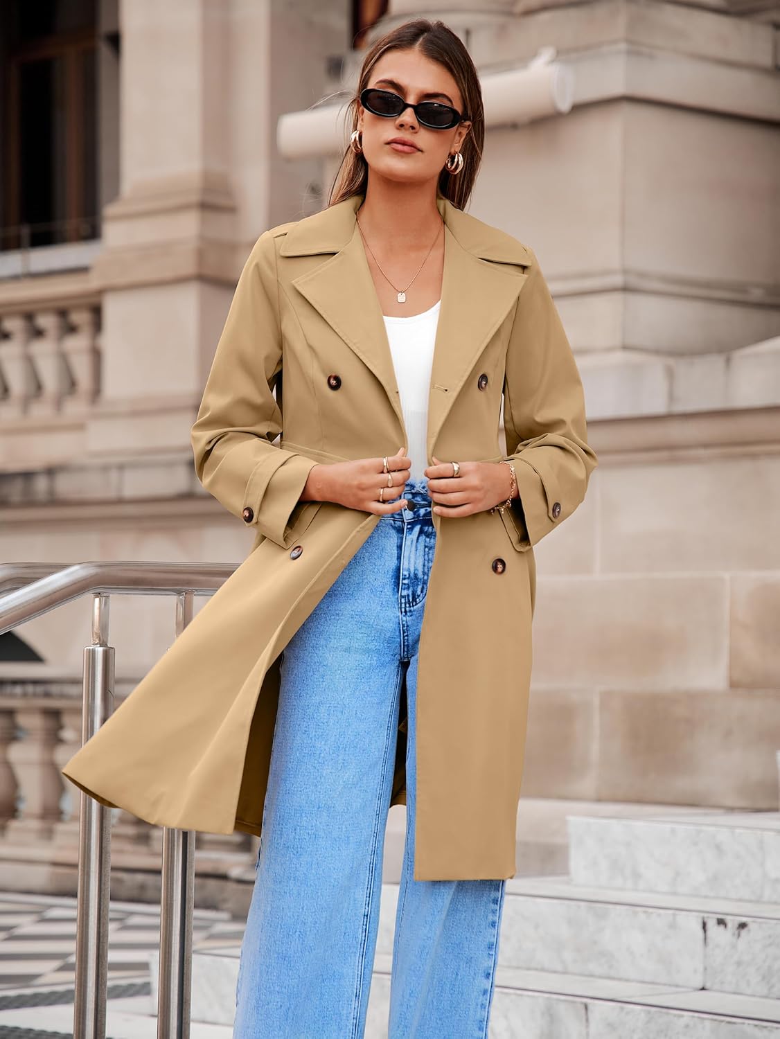 Simplee Womens Trench Coat Double-Breasted Long Dressy Windbreaker Overcoat Fall Winter Outerwear - Image 3