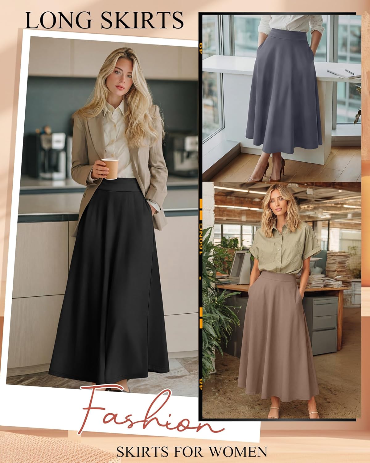 Ficerd 3 Pack Women's Maxi Long Skirts with Pockets, A Line Ankle Length High Waisted Flowy Soft Summer Casual Skirts - Image 4