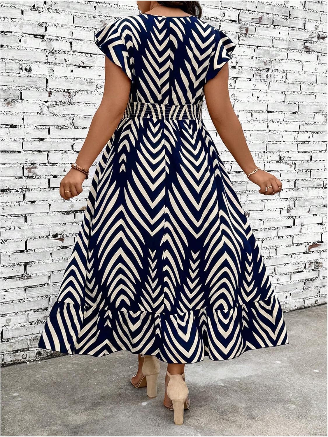 Floerns Women's Plus Size Chevron Striped Wrap V Neck Long Dress Cap Sleeve Ruffle Hem A Line Dresses - Image 3