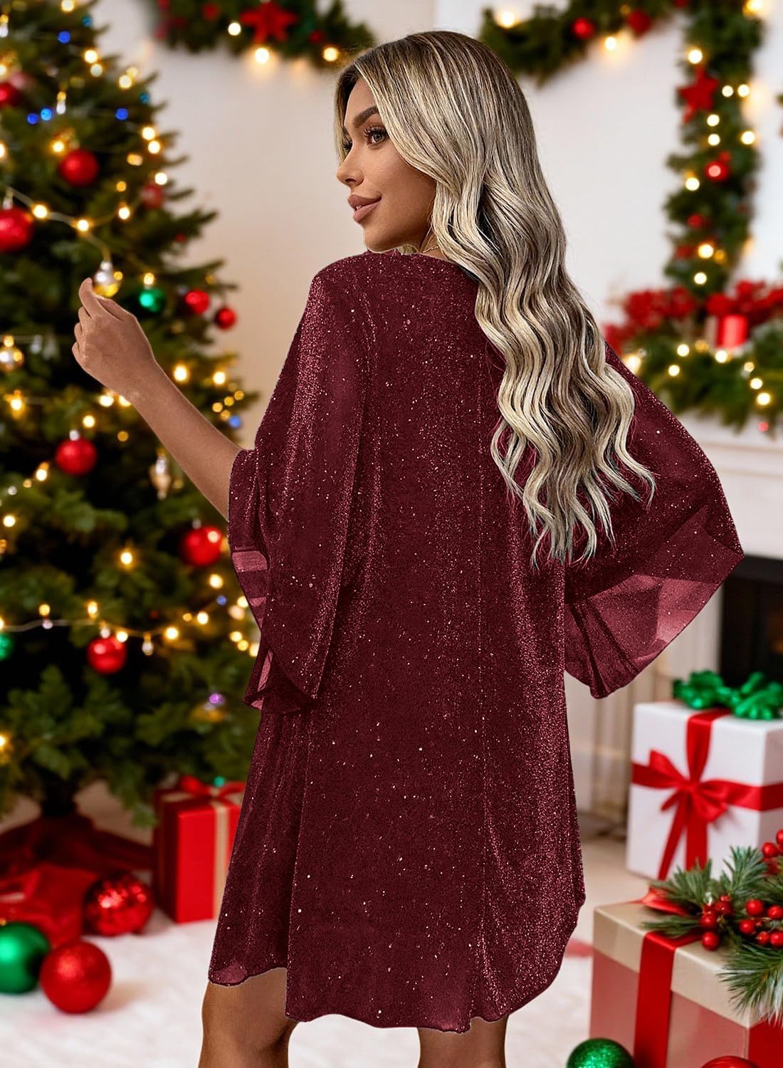 Women's Sparkly Cocktail Dresses for Wedding Guest Flutter Sleeve Loose Chiffon Party Dress (XS-XL) - Image 6