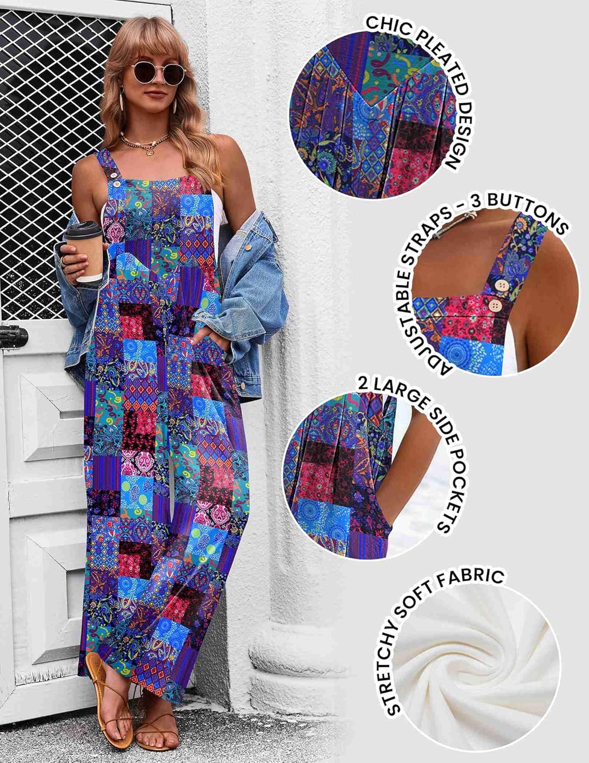 Ekouaer Women's Casual Overalls Loose Wide Leg Jumpsuits Summer Boho Floral Printed Baggy Rompers with Pockets - Image 5