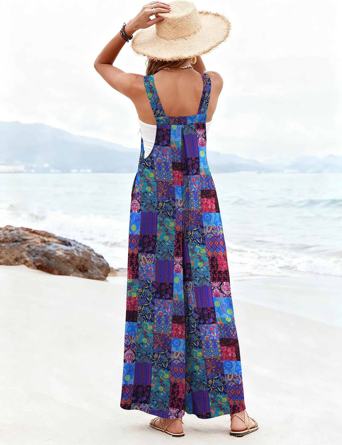 Ekouaer Women's Casual Overalls Loose Wide Leg Jumpsuits Summer Boho Floral Printed Baggy Rompers with Pockets - Image 3