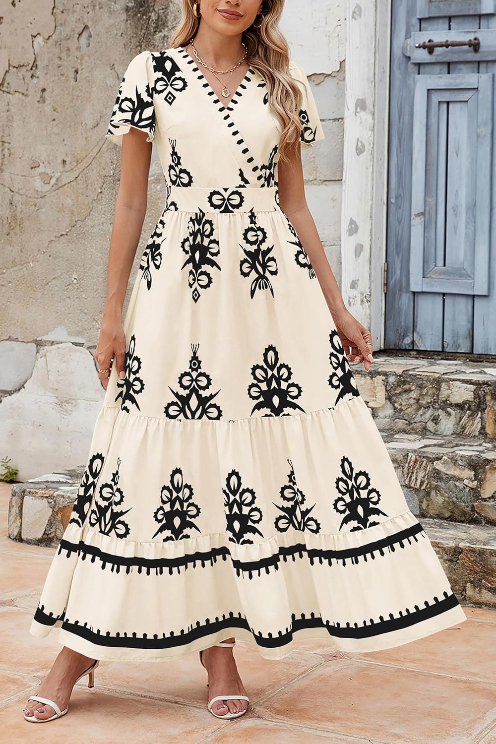 PRETTYGARDEN Womens 2026 Summer Casual V Neck Boho Maxi Dress Flowy Aline Bell Sleeve Tiered Floral Dresses with Pocket - Image 6