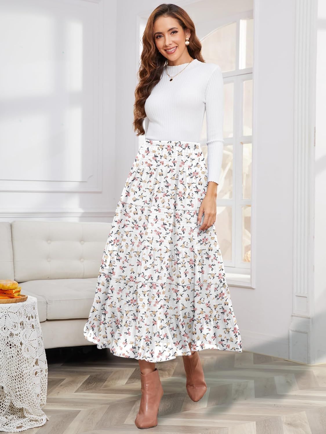 NASHALYLY Women's Chiffon Elastic High Waist Summer Casual Pleated A-Line Maxi Skirts - Image 3