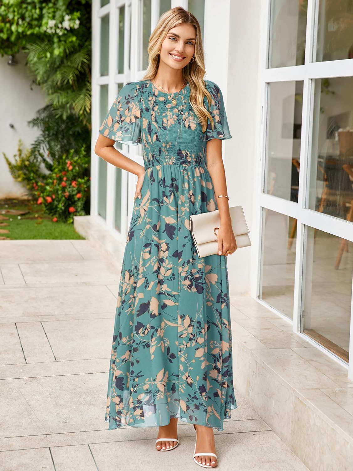 Simplee Womens Casual Floral Summer Maxi Dress 2026 Boho Flowy Short Sleeve Crew Neck Vacation Smocked Chiffon Dresses - Image 3