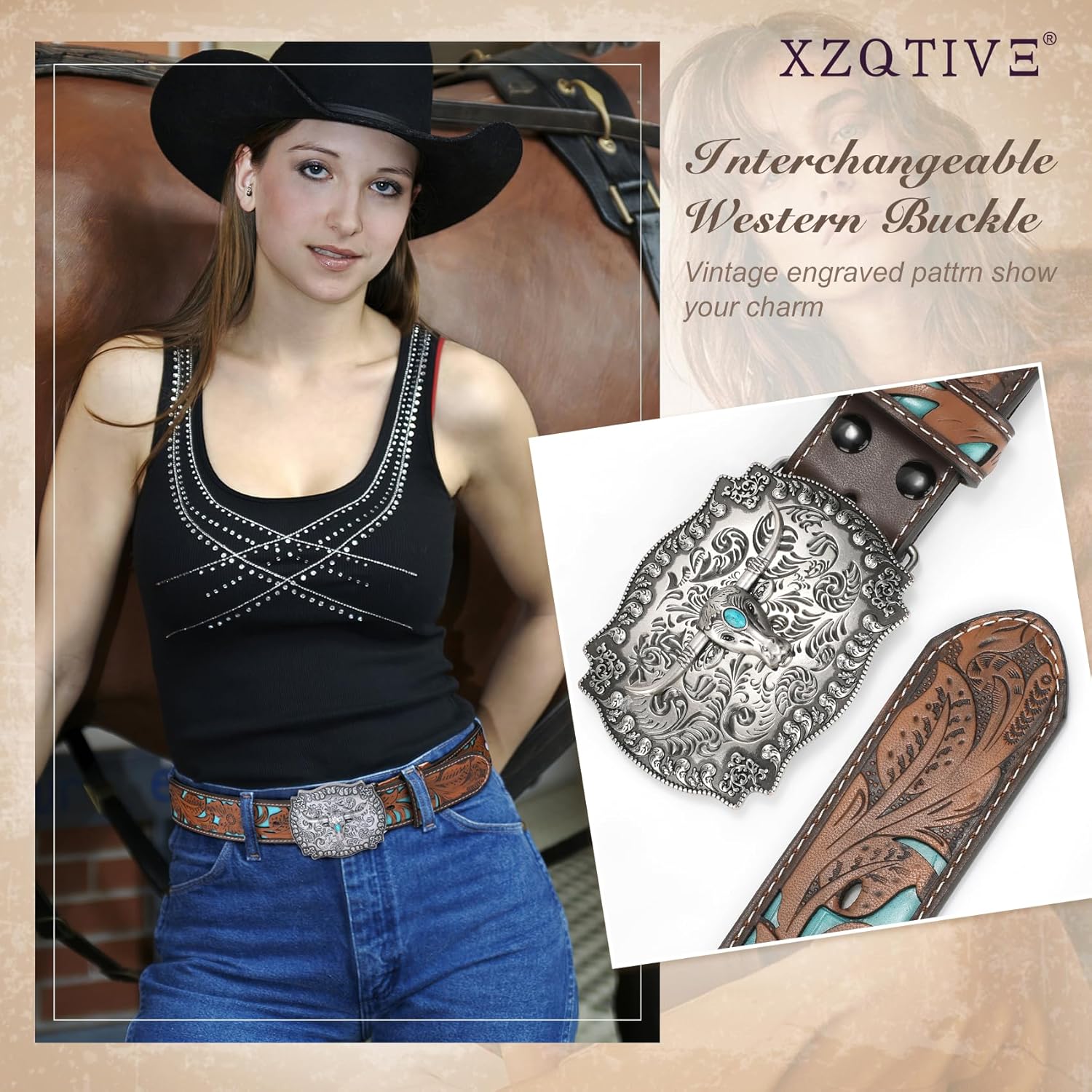 XZQTIVE Women Men Genuine Leather Belt Vintage Ladies Western Belt Engraved Tooled Leather Belt Cowboy Cowgirl Country Belt - Image 2
