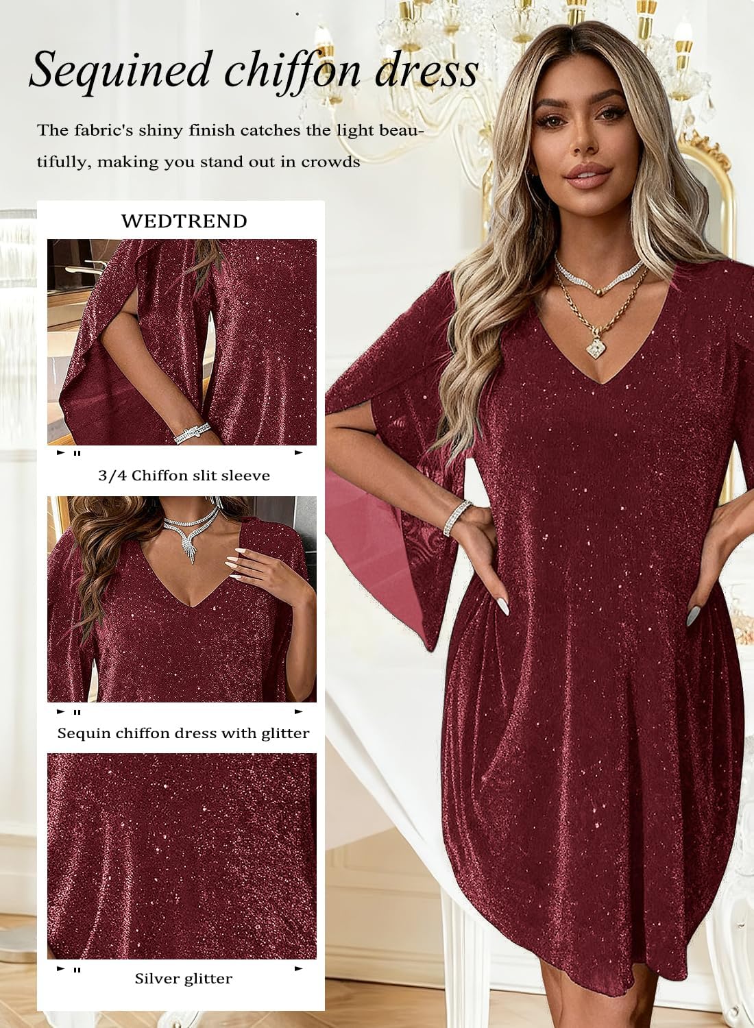 Women's Sparkly Cocktail Dresses for Wedding Guest Flutter Sleeve Loose Chiffon Party Dress (XS-XL) - Image 7