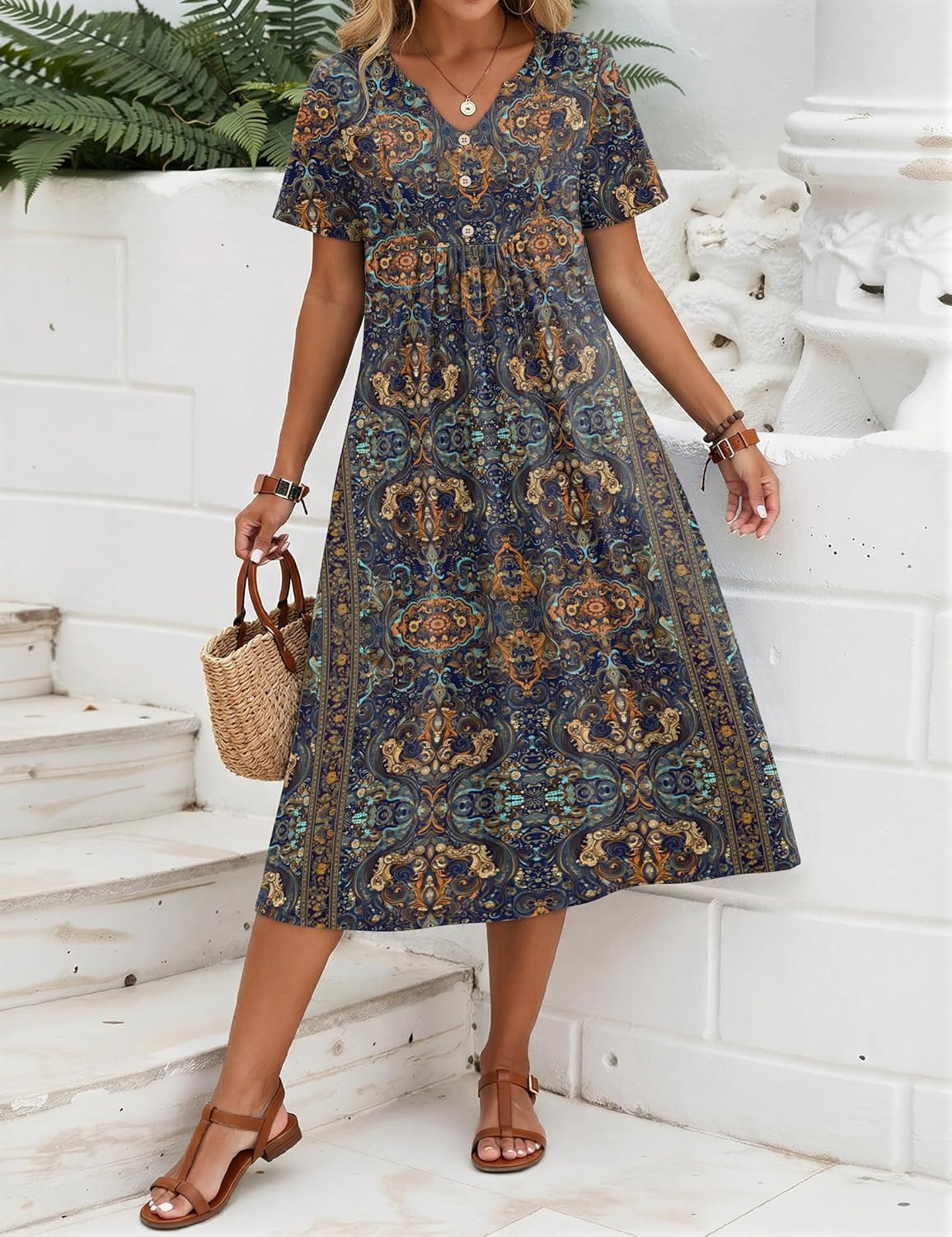 Zeagoo Women Summer Dresses Casual Short Sleeve Midi Dress with Pockets Floral A Line V Neck Beach Vacation T Shirt Sundress - Image 5