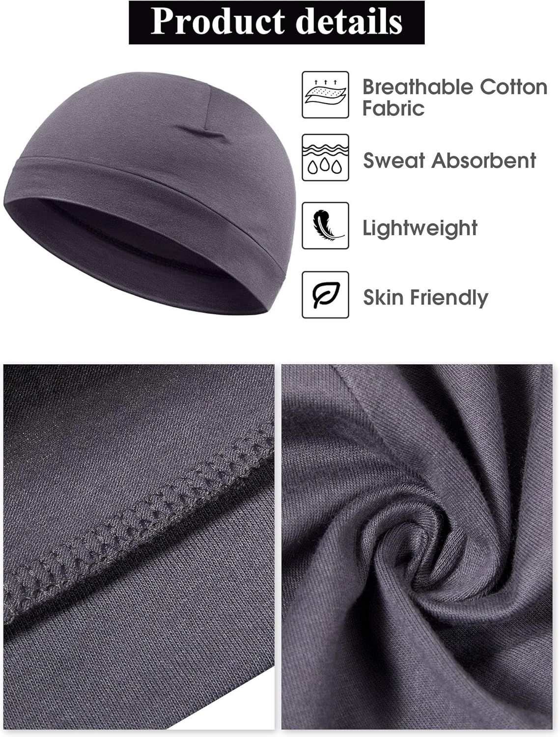 Syhood 4 Pcs Cotton Skull Caps for Men Women Breathable Beanie Thin Sleep Hat Night Running Cap Helmet Liner for Cycling Gym - Image 2