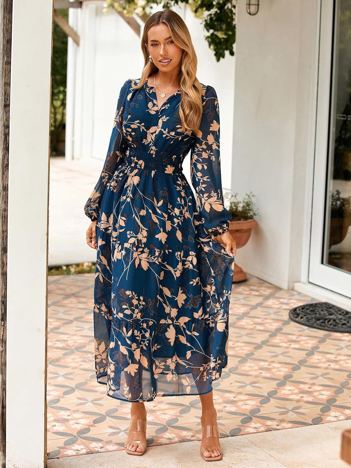 Simplee Women's Floral Boho Long Sleeve Maxi Dress V Neck Empire Waist Swing Flowy Wedding Guest Dress - Image 2