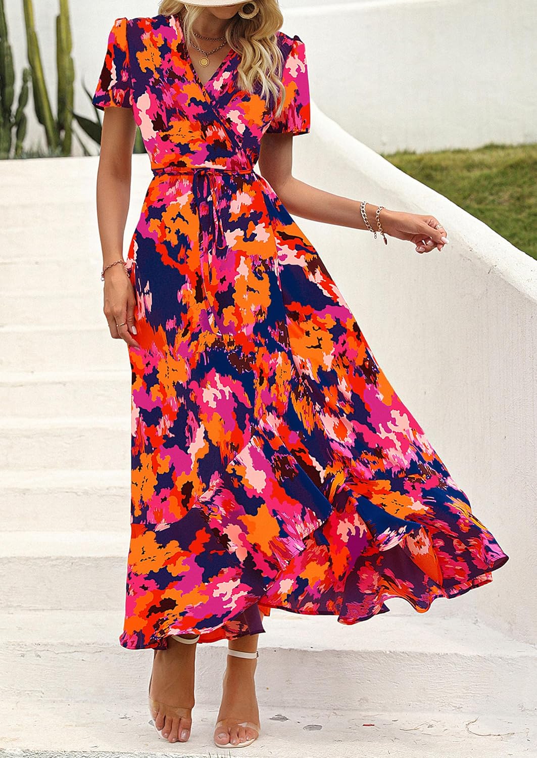 PRETTYGARDEN Women's Boho Floral Maxi Dress Summer Short Sleeve Wrap V Neck Long Flowy Beach Vacation Wedding Guest Dresses - Image 4