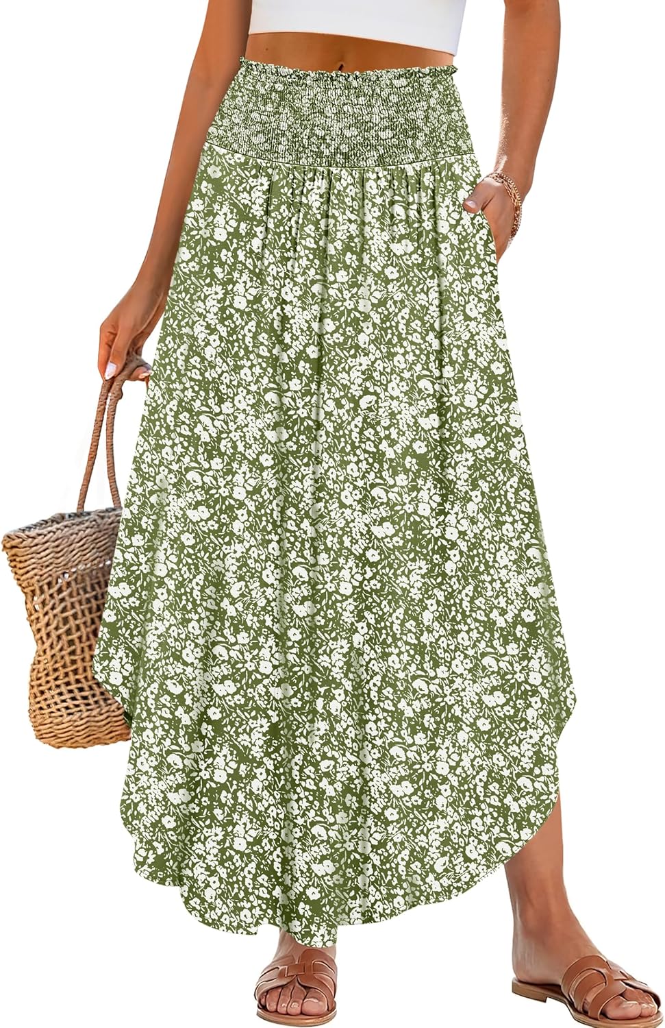 ANRABESS Women's Maxi Skirts Summer Boho Floral High Waisted Flowy Swing Pleated Beach Long Skirt with Pockets