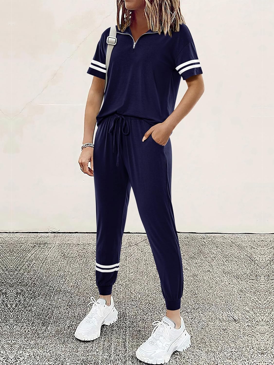 MASCOMODA 2 Piece Outfits for Women 2026 Summer Casual Quarter Zip Short Sleeve Tops Long Pants Tracksuit Jogger Lounge Sets - Image 3