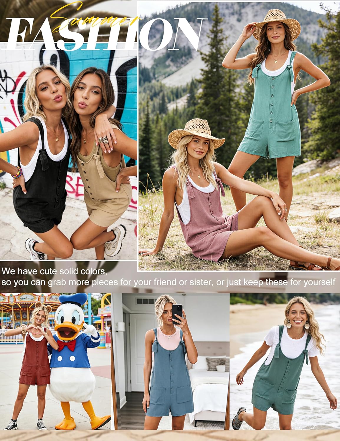 Yeokou Women's Cotton Linen Overall Shorts Summer Beach Vacation Casual Sleeveless Rompers Adjustable Tie Straps Pockets - Image 4