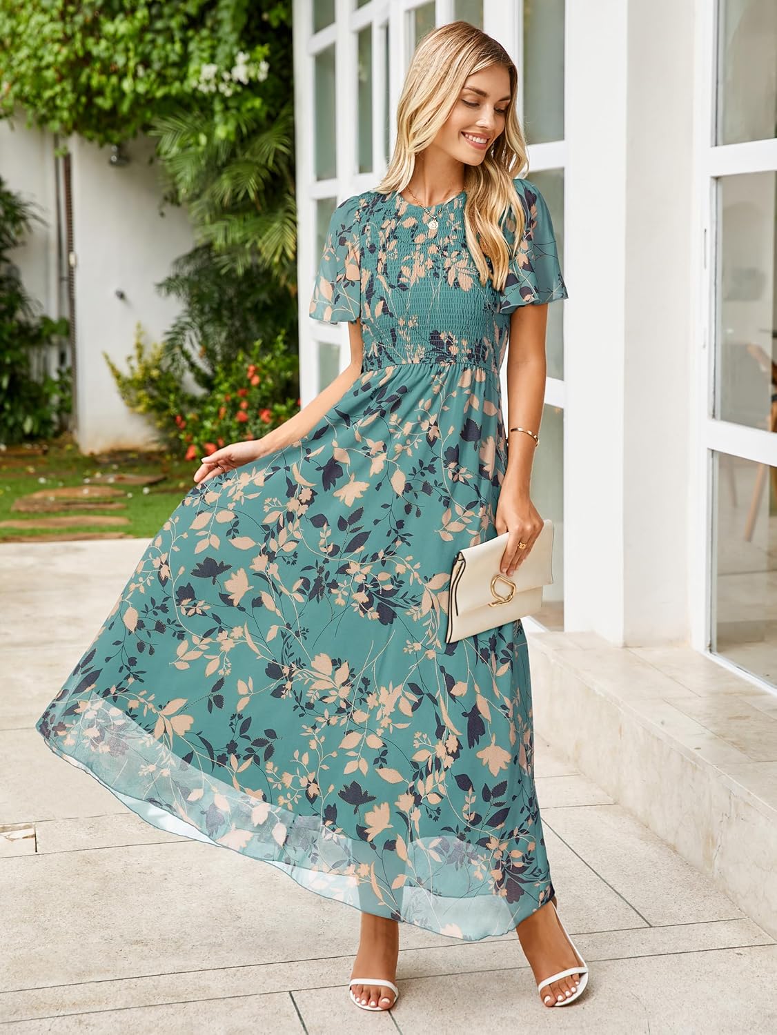 Simplee Womens Casual Floral Summer Maxi Dress 2026 Boho Flowy Short Sleeve Crew Neck Vacation Smocked Chiffon Dresses - Image 2