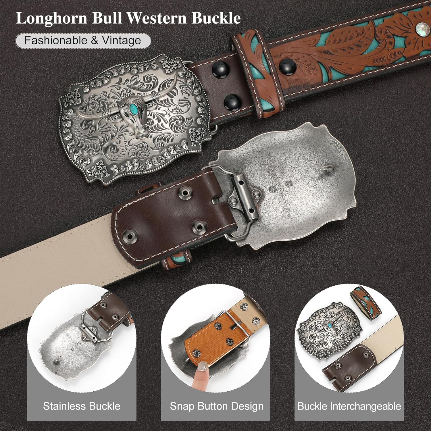 XZQTIVE Women Men Genuine Leather Belt Vintage Ladies Western Belt Engraved Tooled Leather Belt Cowboy Cowgirl Country Belt - Image 4