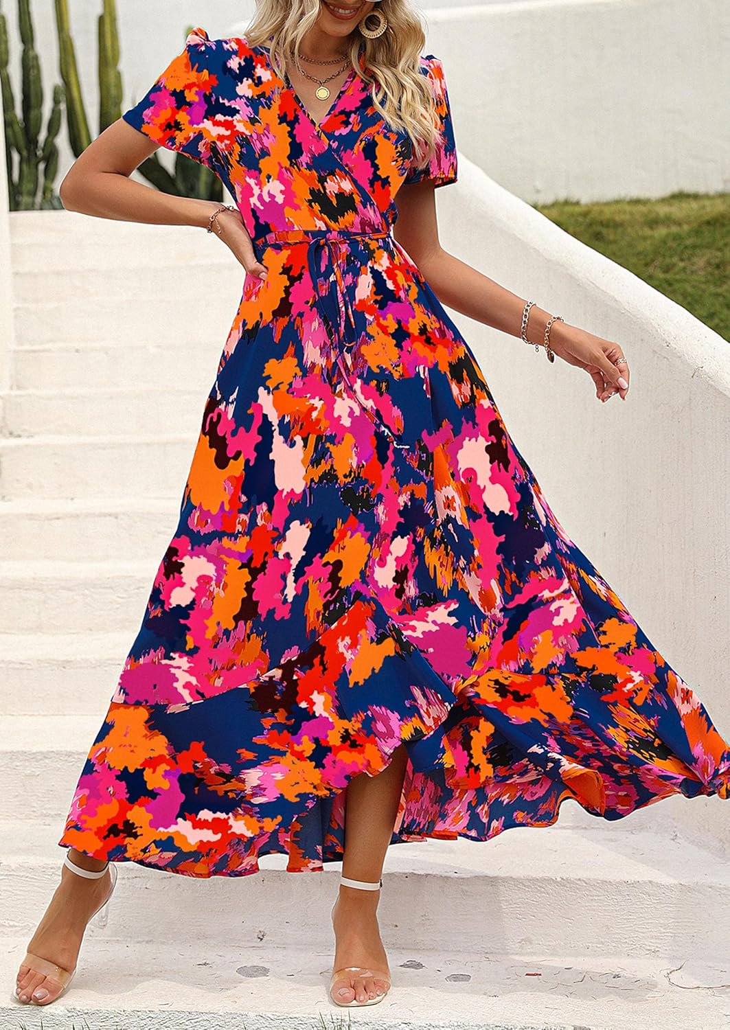 PRETTYGARDEN Women's Boho Floral Maxi Dress Summer Short Sleeve Wrap V Neck Long Flowy Beach Vacation Wedding Guest Dresses - Image 6