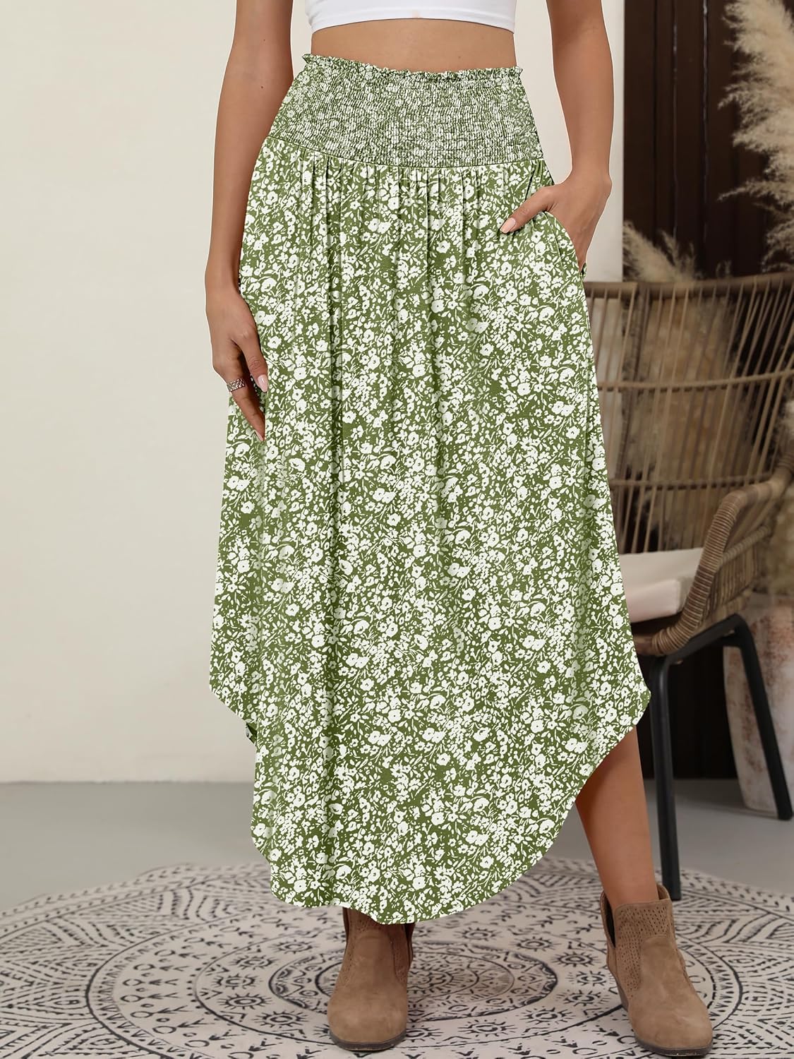 ANRABESS Women's Maxi Skirts Summer Boho Floral High Waisted Flowy Swing Pleated Beach Long Skirt with Pockets - Image 4