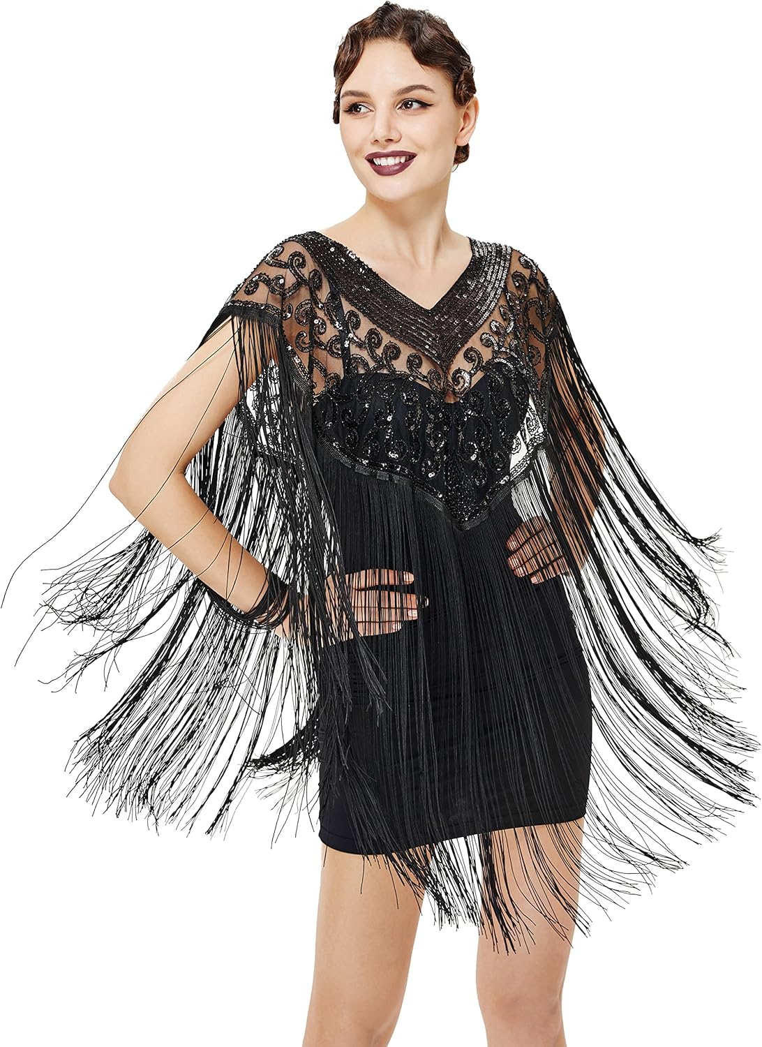 BABEYOND 1920s Shawl Wraps Long Fringed Evening Cape Sequin Beaded Party Shawl