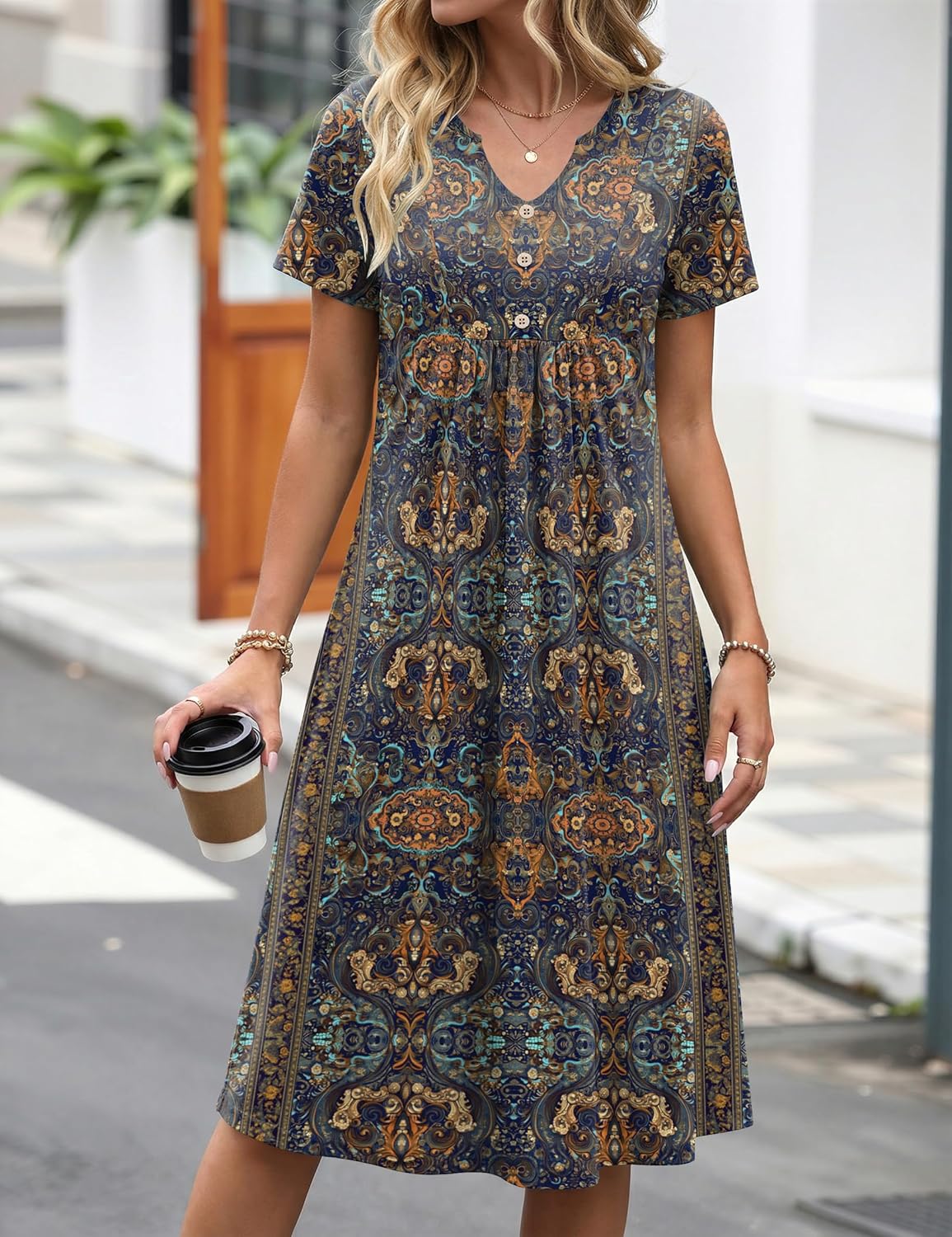 Zeagoo Women Summer Dresses Casual Short Sleeve Midi Dress with Pockets Floral A Line V Neck Beach Vacation T Shirt Sundress - Image 2