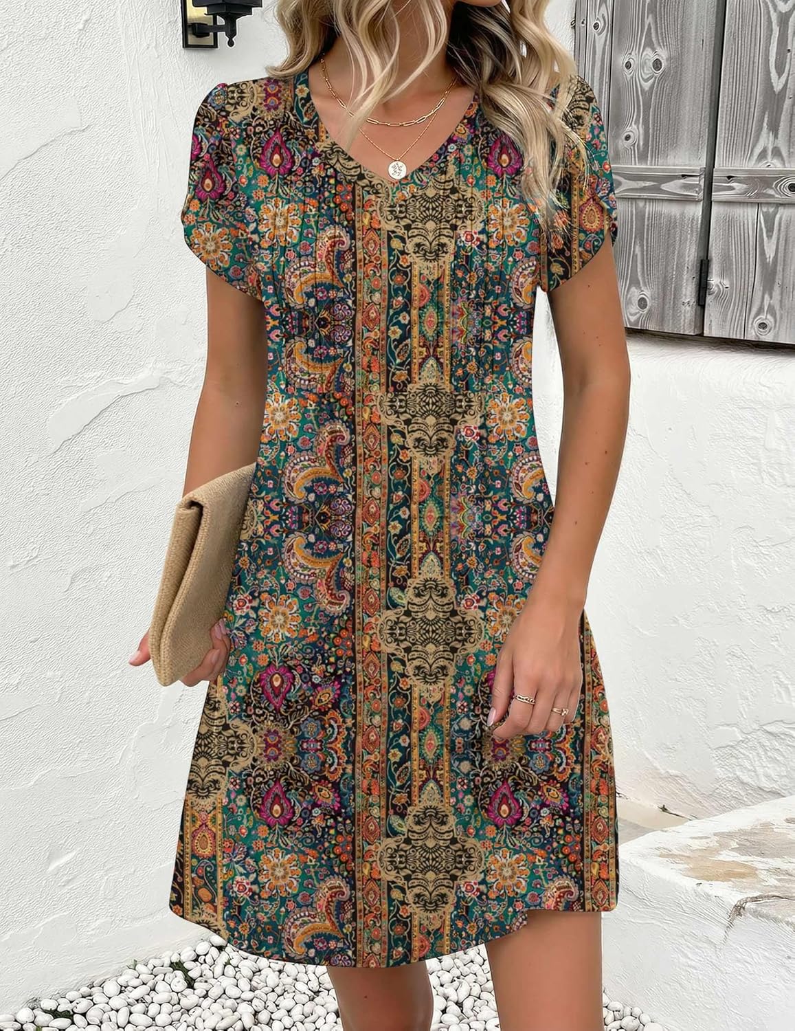 Zeagoo Summer Dresses for Women Casual A Line Dress 2026 V Neck Short Dresses Floral Sundress Pleated Boho Dress - Image 3