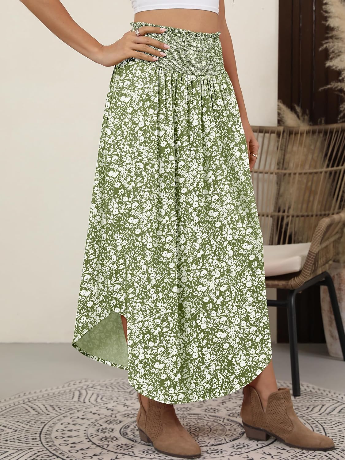 ANRABESS Women's Maxi Skirts Summer Boho Floral High Waisted Flowy Swing Pleated Beach Long Skirt with Pockets - Image 3
