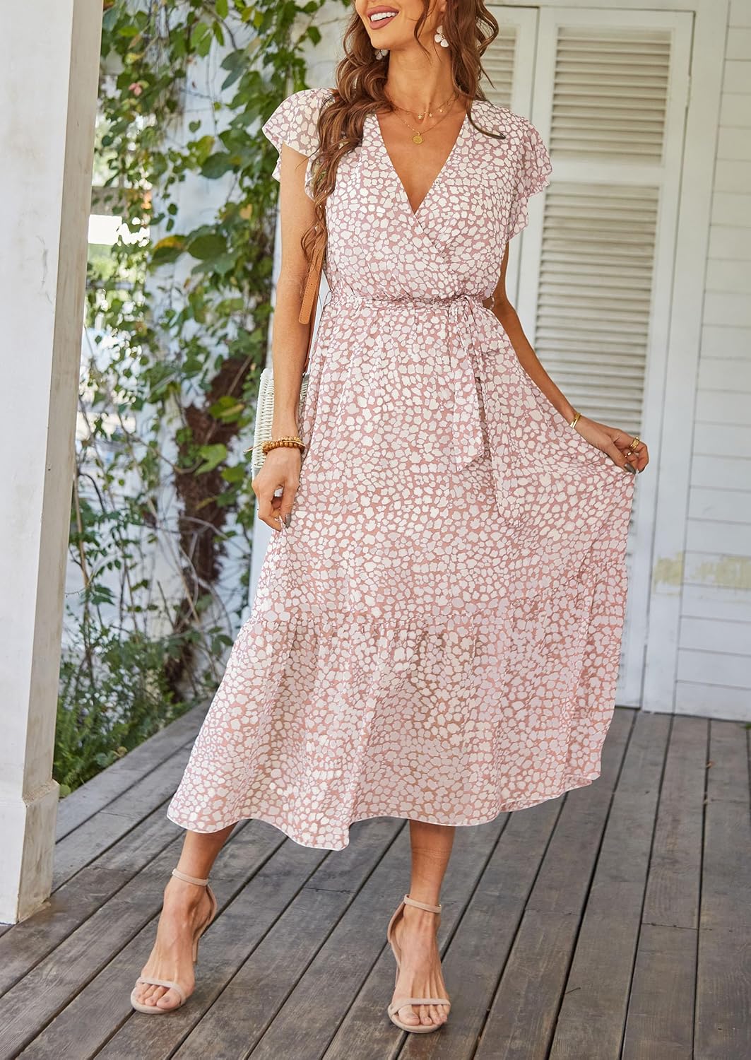 PRETTYGARDEN Women's Summer Floral Boho Maxi Dress Short Sleeve Wrap V Neck Ruffle Long Flowy Beach Wedding Guest Dresses - Image 6