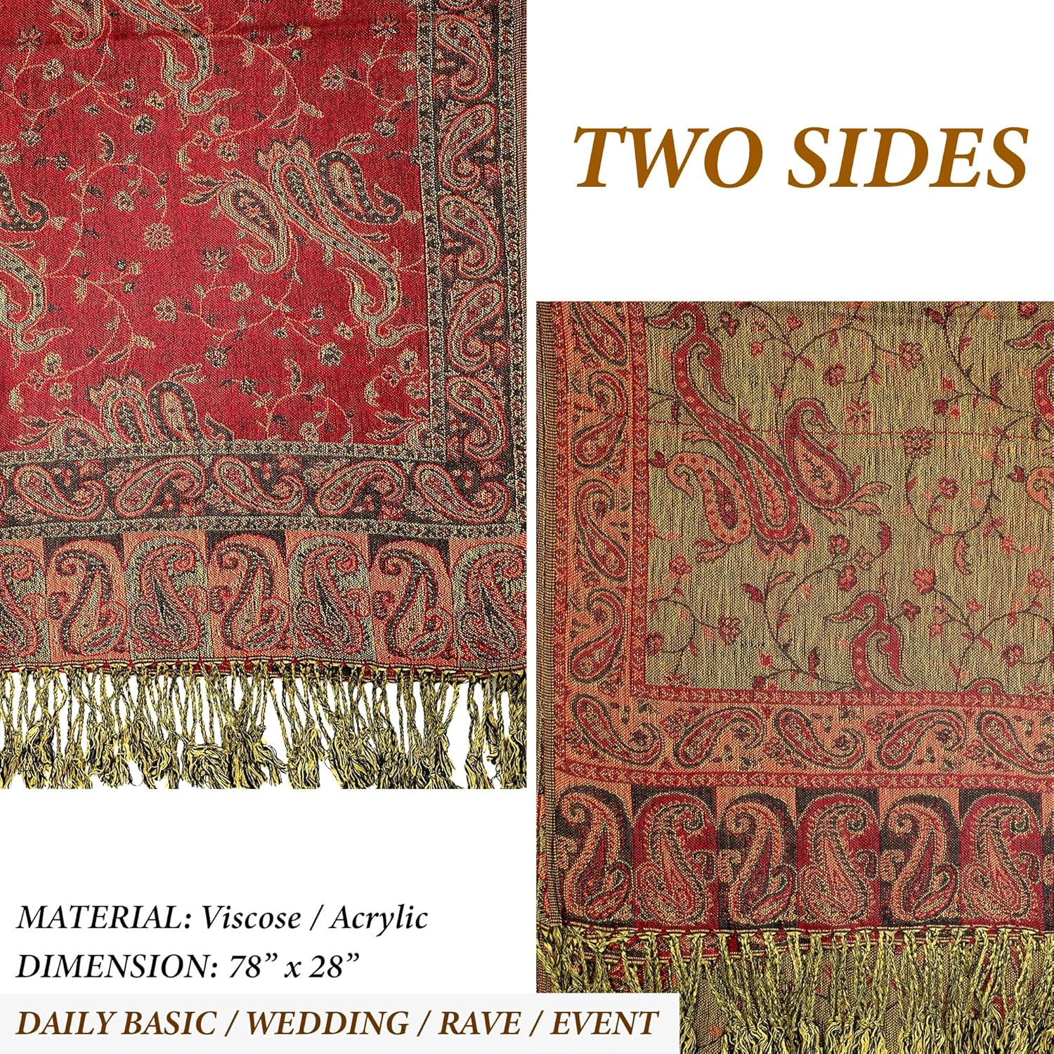 Achillea Reversible Paisley Pashmina Rave Scarf – Exotic Indian Shawls and Wraps for Evening Dresses, Festivals, All Seasons - Image 5
