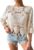 Womens Plain Fringe Trim Cut Out Sheer Cover Up, Boho Scallop Trim 3/4 Sleeve Round Neck Beach Cover Up