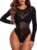 Avidlove Womens Mesh Long Sleeve Bodysuit Round Neck Sheer Leotards Geo Print Bodysuit Top with Snap Crotch